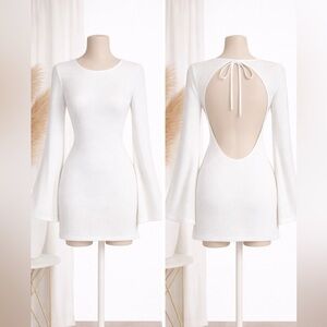 SHEIN White Open Back Beach Cover Dress Size S Lightweight Knit Bell Sleeve Mini